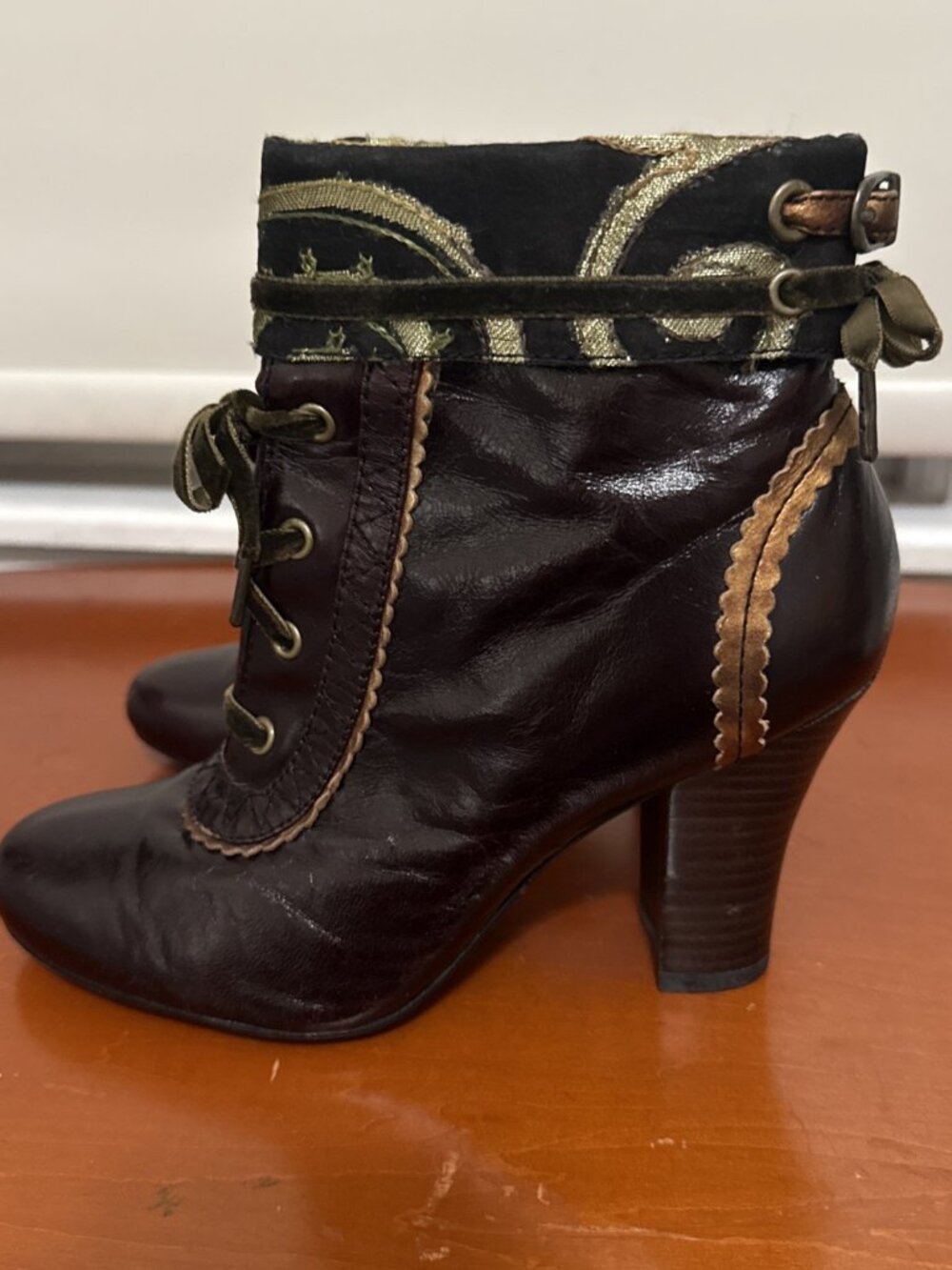 Kenzie wedge high heel brown & Copper Victorian style ankle boots booties 6